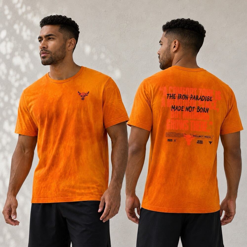 Under Armour Project Rock Iron Paradise T Shirt Men XL Orange Dwayne Johnson Gym